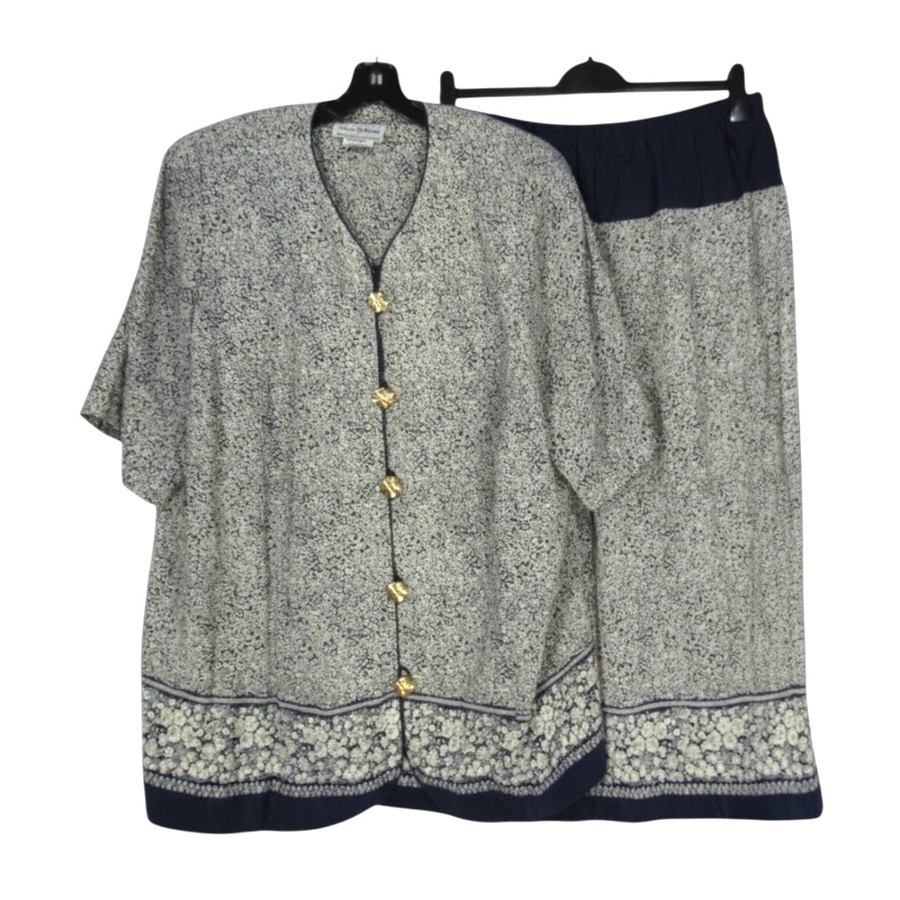 VTG TRACY RICHARDS PETITES Blue DITSY FLORAL Button SATIN Top/Skirt Outfit 22WP